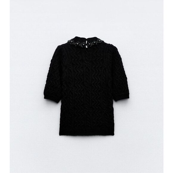 ZARA High Collar Cable Knit Sweater With Tonal Beads & Shorts Sleeves - Picture 4 of 12